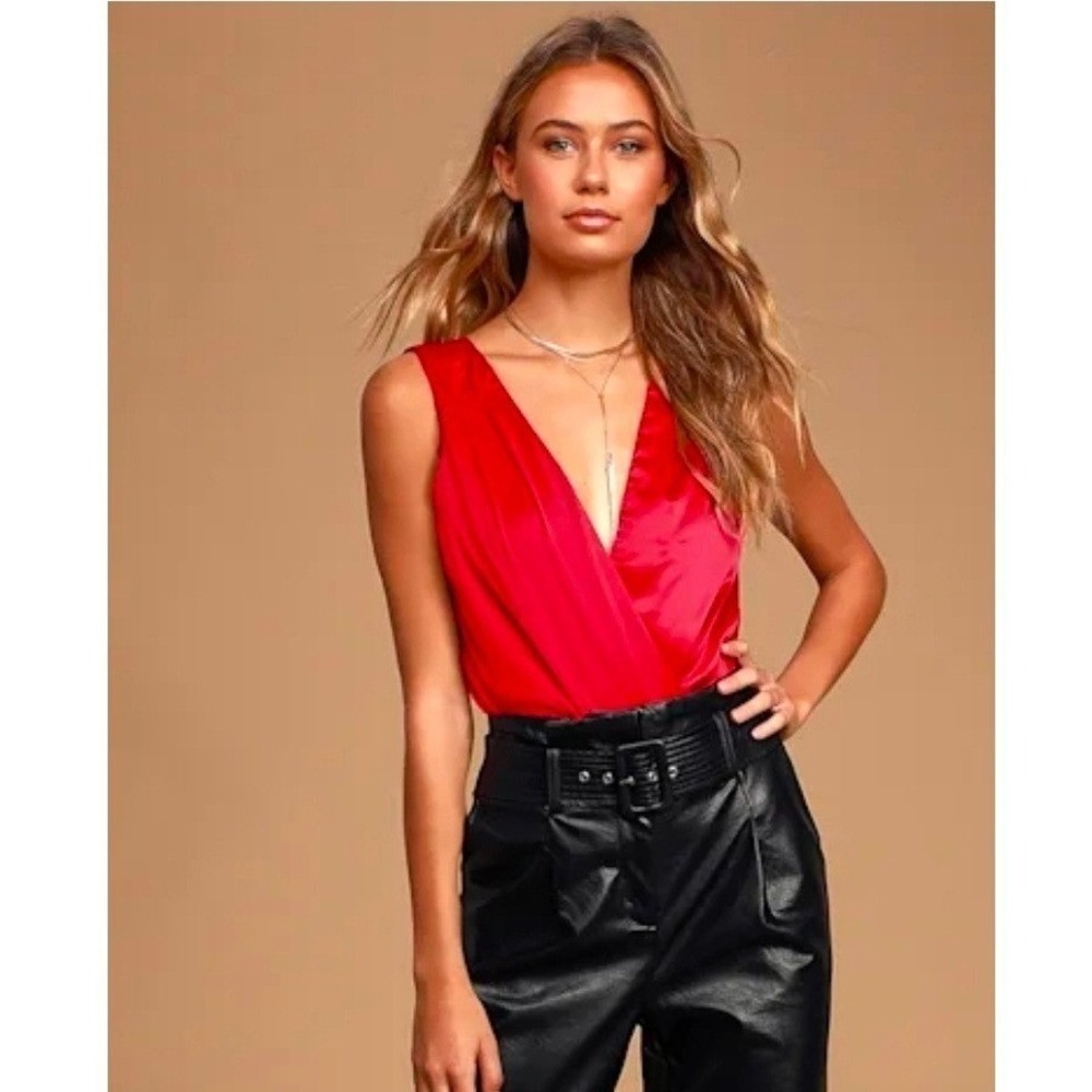 Lulus Women XS Red Prize Winning Satin Faux Wrap Deep V-Neck Bodysuit Sleeveless